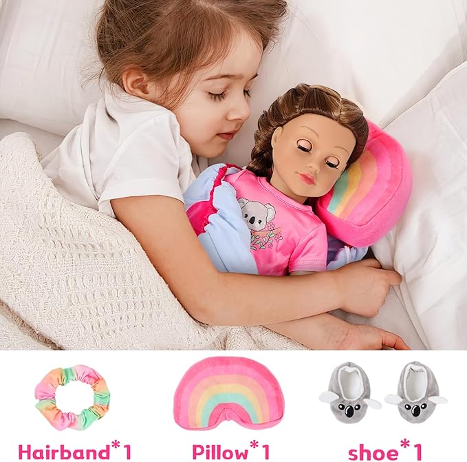 K.T. Fancy American Girl Doll Clothes for 18 Inch Dolls Accessories - Pink Outdoor Dress, Top, Pants, Shoes, Hairband, Rainbow Pillow, Outdoor Space Sleeping Bag (No Doll)