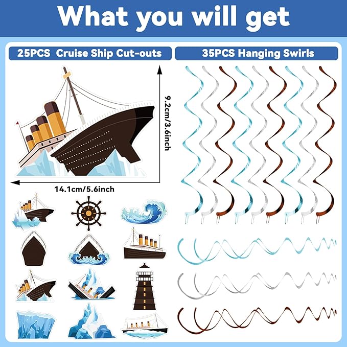 CHUNNIN 60PCS Nautical Party Supplies Cruise Hanging Swirls Ship Swirls Ocean Cruise Party Swirls Foil Ceiling Streamers for Nautical Cruise Theme Party Decor Ocean Theme Shower Birthday Favors