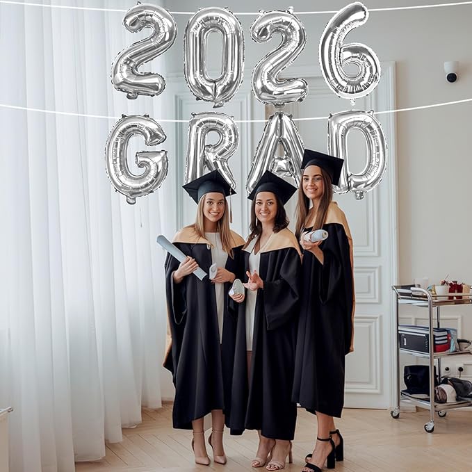 Silver 2026 GRAD Foil Balloons, 16 Inch Metallic Silver Grad Congrats Balloons Banner for Graduation Decorations 2026, College High School Class of 2026 Graduate Congratulations Party Decor Supplies