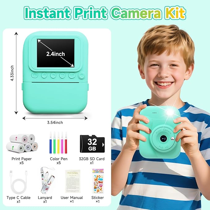Kids Camera Instant Print Camera for Kids, Toddler Camera Toys for 3 4 5 6 7 8 Year Old Girls Boys Christmas Birthday Gifts, Kids Digital Camera Instant Print Color Photos 5 Rolls Paper 32GB, Green