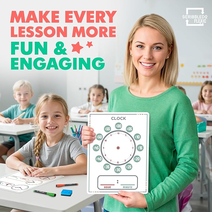 Scribbledo 10 Pack Telling Time Teaching Sheets - 9'x12' Dry Erase Learning Clocks for Kids Homeschooling Supplies