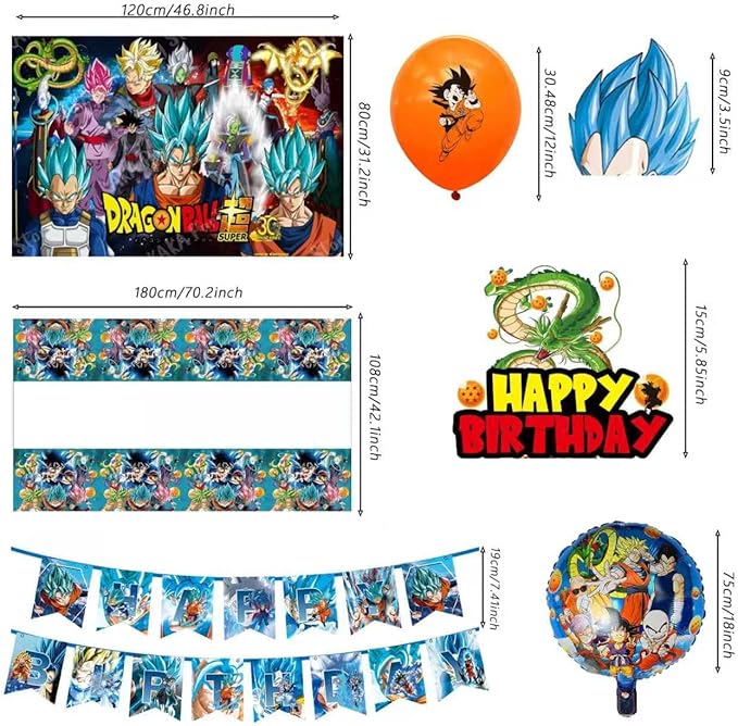 42PCS Dragon Ball Birthday Party Supplies: Banner, Cake Topper, Tablecloth, Backdrop, Cupcake Toppers, Balloons, Aluminum Balloons