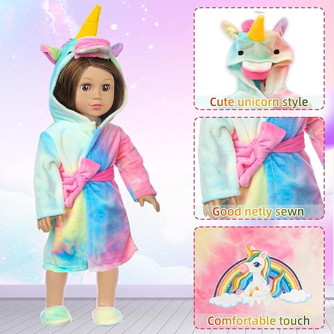 American 18 inch Doll Clothes and Sleeping Bag Set - Rainbow Unicorn Doll Costume with Unicorn Style Sleeping Bag, Pillow, Eye Mask Slumber Party Accessories Fits 18 Inch (NO Dolls)