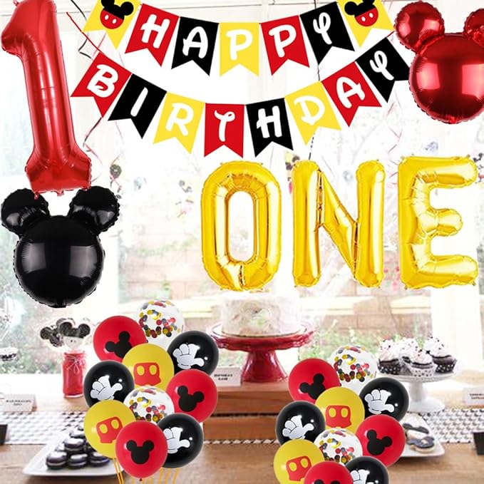 Letromp Mickey 1st Birthday Decorations Boys First Year Old Balloons Boys One Banner for Mickey 1st Birthday Baby Shower Party Supplies Decorations, Large, Red