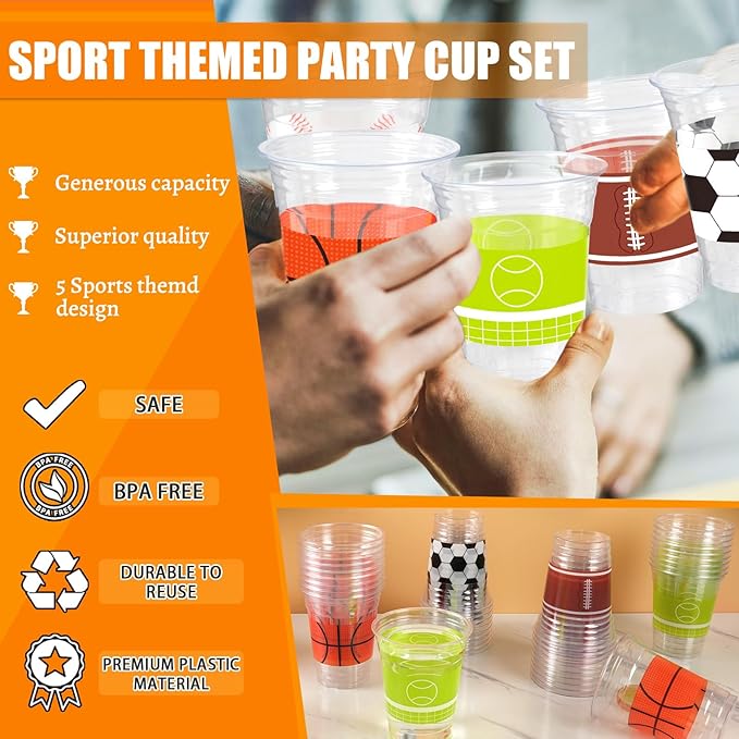 50Pcs Sports Party Decoration Cups, 12Oz Sports Plastic Disposable Cups for Kids Football Soccer Basketball Baseball Birthday Party Decorations Supplies Favors