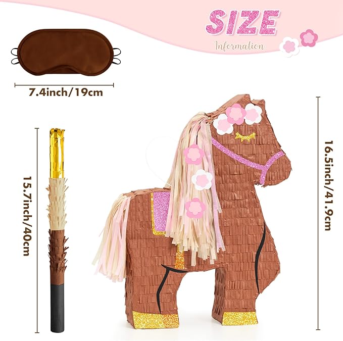 WERNNSAI Horse Piñata - Cowgirl Birthday Party Decorations Pink Brown Horse Piñata with Blindfold and Bat Western Cowgirl Party Favors for Kids Boys Classroom Activities Game