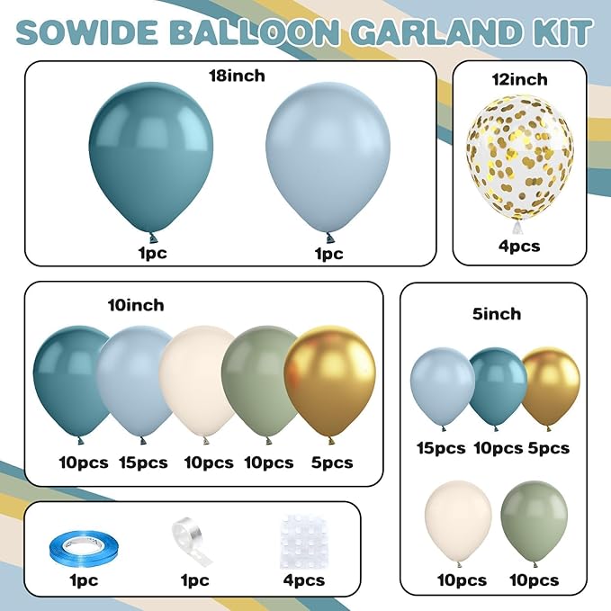 Dusty Blue Balloon Garland Arch Kit, Sage Green Dusty Blue Sand White Gold with Confetti Latex Balloons for Boy Baby Shower Wedding Birthday Party Decorations