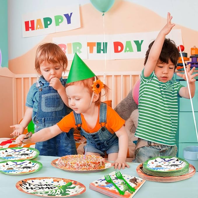 WERNNSAI Dinosaur Party Decorations - 64 PCS Dinosaur Plates Napkins and Forks Set Boys Birthday Party Decorations for Kids Baby Shower Dino Theme Parties Serves 16 Guests