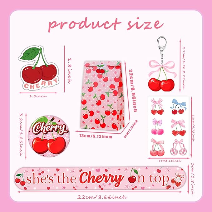 110PCS Cherry Party Favors She's The Cherry On Top Slap Bracelet Summer Fruit Cherries Stickers Tattoos, Keychain, Button Pins, Cute Cherry Party Gift Bag for Wedding Bridal Baby Shower Supplies