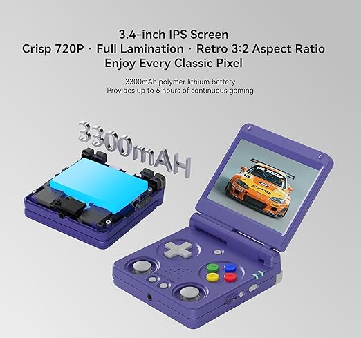 Anbernic RG34XXSP Retro Gaming Console – Flip Design, 3.4'' IPS Screen 720×480, 64G TF Card with 5000+ Games, Portable Handheld, 3300mAh Battery, WiFi HDMI Bluetooth (Indigo 64G)