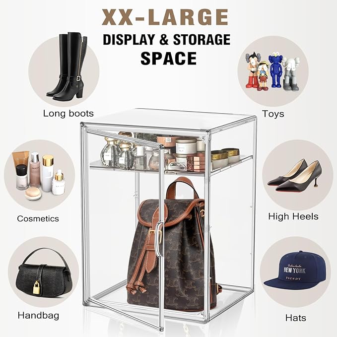 Clear Acrylic Display Case for Figures 4-Tier Collectibles Storage Box with 3 Dividers Stackable Display Stand for Action Figures, Handbag, Shoes,1 Pcs