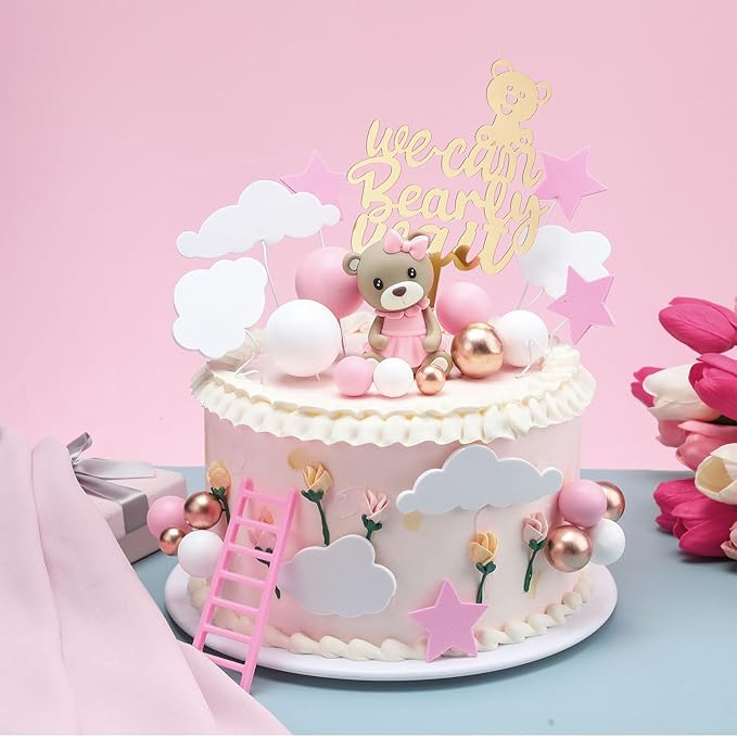 Yinder 37 Pcs Bear Cake Decoration Toppers for Baby Shower Decorations with Balls We Can Bearly Wait Happy Birthday Mini Bear Figurine Cake Party Birthday Supplies (Novel)
