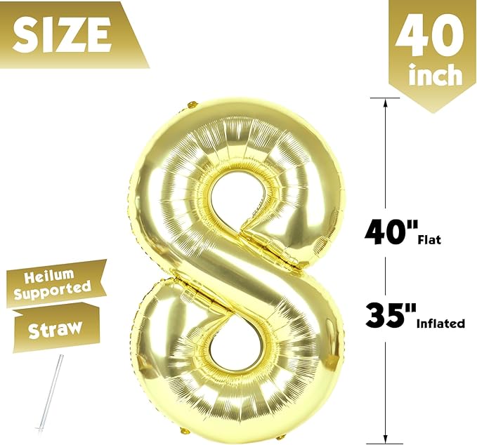 40 Inch Champagne Gold Number 8 Balloon, Giant 8 Number Balloons for 8th Birthday Decorations, Party Supplies for Baby Boy Girl, Champagne Gold Party Decor