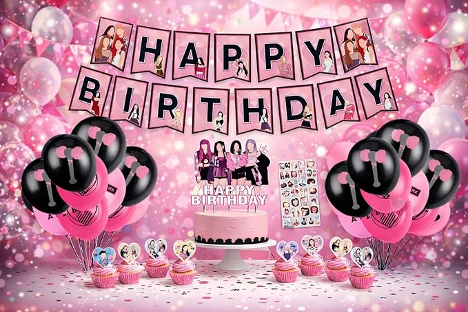 KPOP Black Pink Girl Group Birthday Party Kit Supplies with Cake Topper, Balloons, Banner, Cupcake Toppers & Birthday Sash – Easy Setup Party Supplies for Girls, Teens & Adults