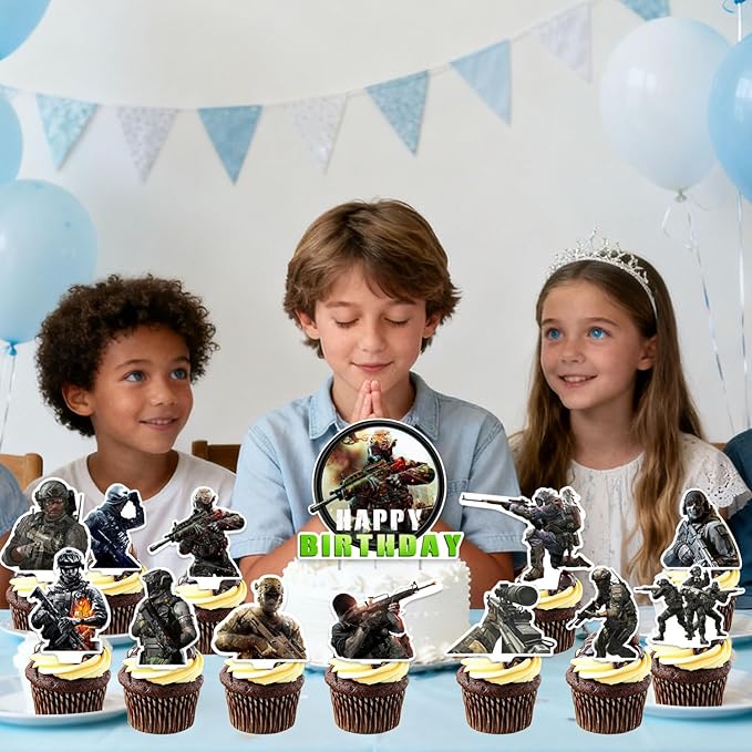 25Pcs Call of-Duty Birthday Party Supplies Pack Includes 1 Cake Topper 24 Cupcake Toppers for Game Call Party Supplies