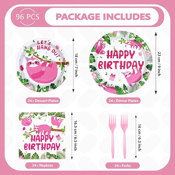 96Pcs Sloth Animal Birthday Party Supplies Hanging Pink Sloth Plates and Napkins Jungle Cute Animal Theme Tableware Set for Kids Girls Animal Theme Birthday Party Supplies，Serves 24