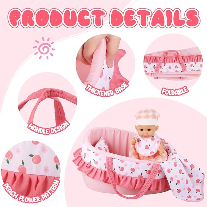 GAGAKU Baby Doll Bassinet Carrier, 12 Inch Baby Doll Accessories Set, Baby Doll Carrier Accessories for 12 Inch Baby Dolls, Including Magic Baby Bottle, Bib, Pacifier, Diaper