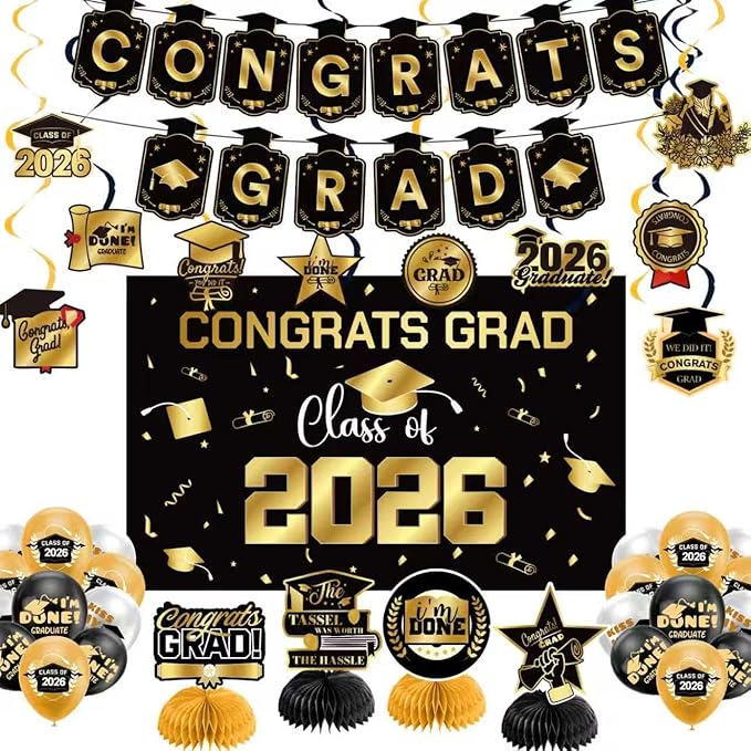 Graduation Decorations 2026 Gold Themed Set - Congrats Grad Banner, Class of 2026 Backdrop, Balloons & Streamers Kit - Complete Party Supplies for High School & College Celebrations