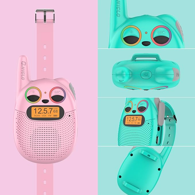 Qniglo Walkie Talkies for Kids Rechargeable 2 Pack, Wrist Watch Walkie Talkies with FM Handheld, Wearable Lanyard for Outdoor Camping Games & Birthday Xmas Toys Gifts for Boys Girls