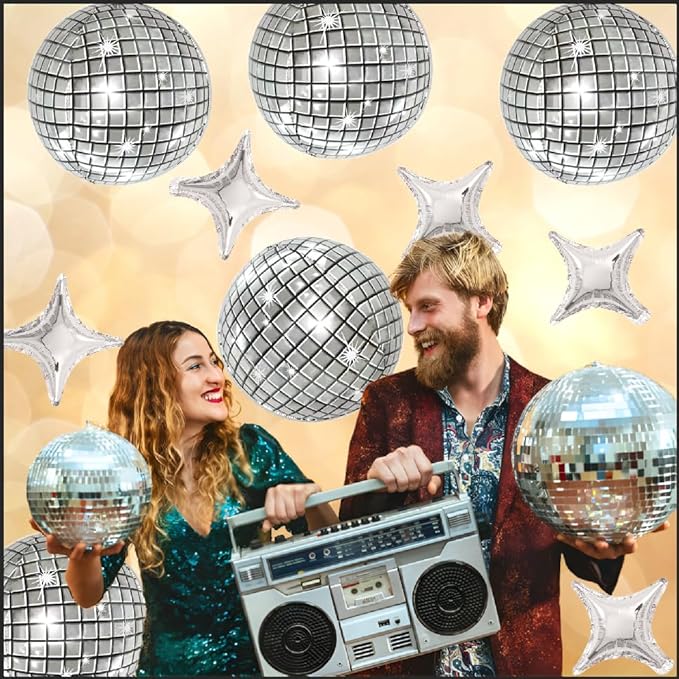 FBQ 10 Pcs Silver Balloon Disco Balloon Star Balloons Disco Party Mirror Foil Balloon 70s 80s 90s Dance Party Birthday Themed Decorations Supplies