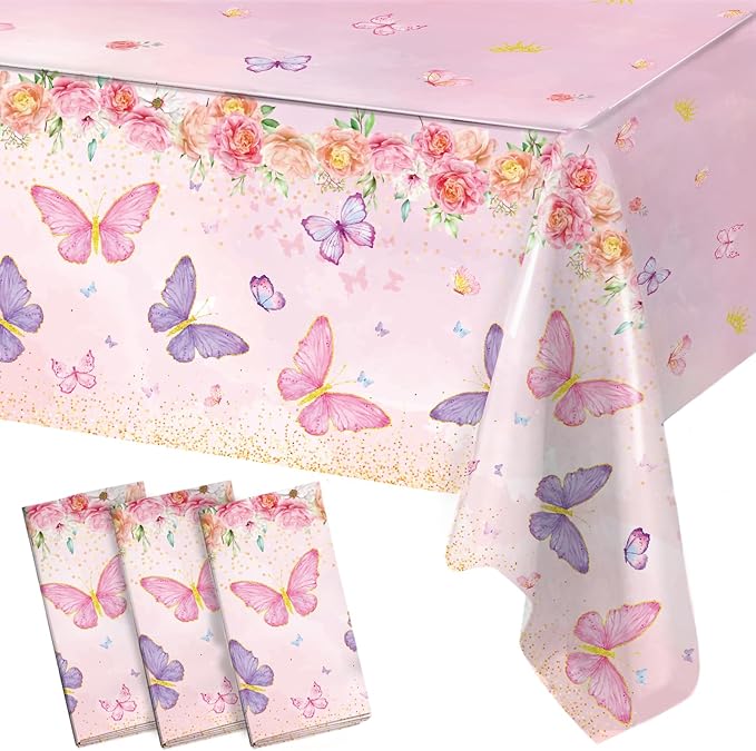 Staraise 3PCS Butterfly Tablecloth,Butterfly Disposable Plastic Table Covers,Watercolor Spring Themed Butterflies Birthday Decorations for Girls Kids Birthday Party,51.2X 86.6inch