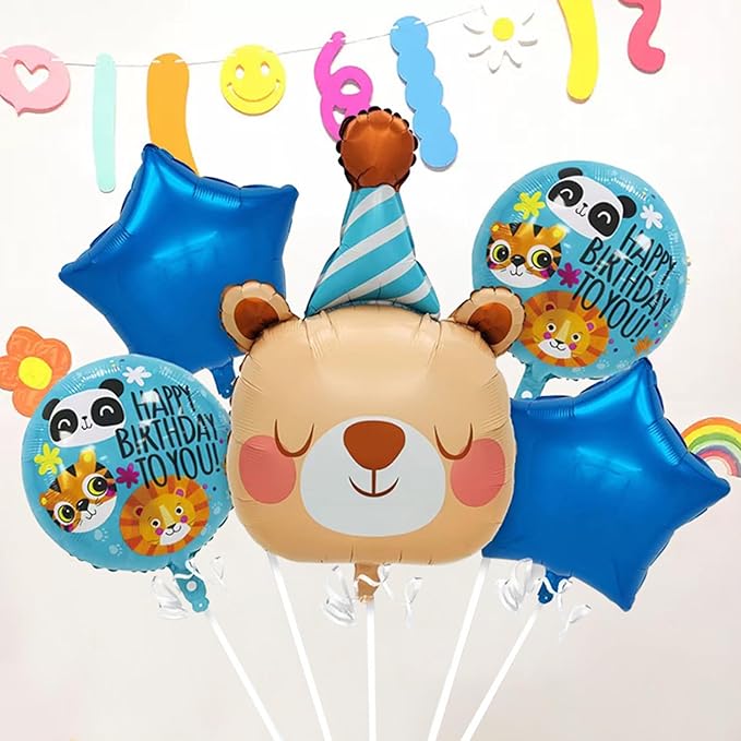 3D Bear Balloon,Kids Happy Birthday Star-shaped Balloon Party Decoration,Baby Shower Children Jungle Themed Decorations Woodland Safari Animal Balloons,5Pcs of Set