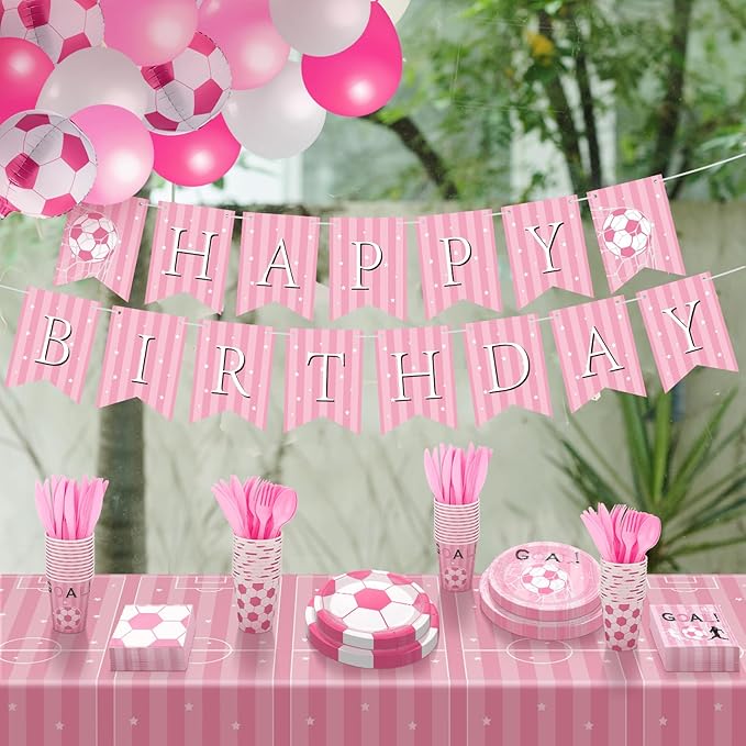 Zhehao 143 Pcs Pink Soccer Birthday Decorations Party Supplies Serves 24 Include Soccer Themed Plate Fork Napkin Cup Banner Balloon Tablecloth for Sports Theme Birthday Party Favor