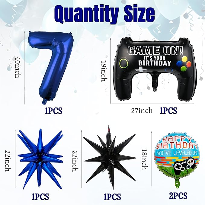 13pcs Video Game Themed Party Decorations, Number 7th Boys Birthday Party Supplies, Navy Blue Video Game Controller Mylar Foil Balloon, Video Game Party Decoration Supplies (Number 7)