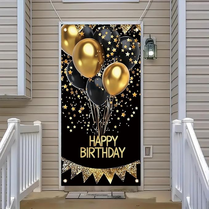 Happy Birthday Door Banner Decorations - Black and Gold Birthday Door Cover for Men Women, 35" x 71" Vertical Front Door Hanging Sign, Reusable Party Supplies for 18th 21st 30th 40th 50th 60th