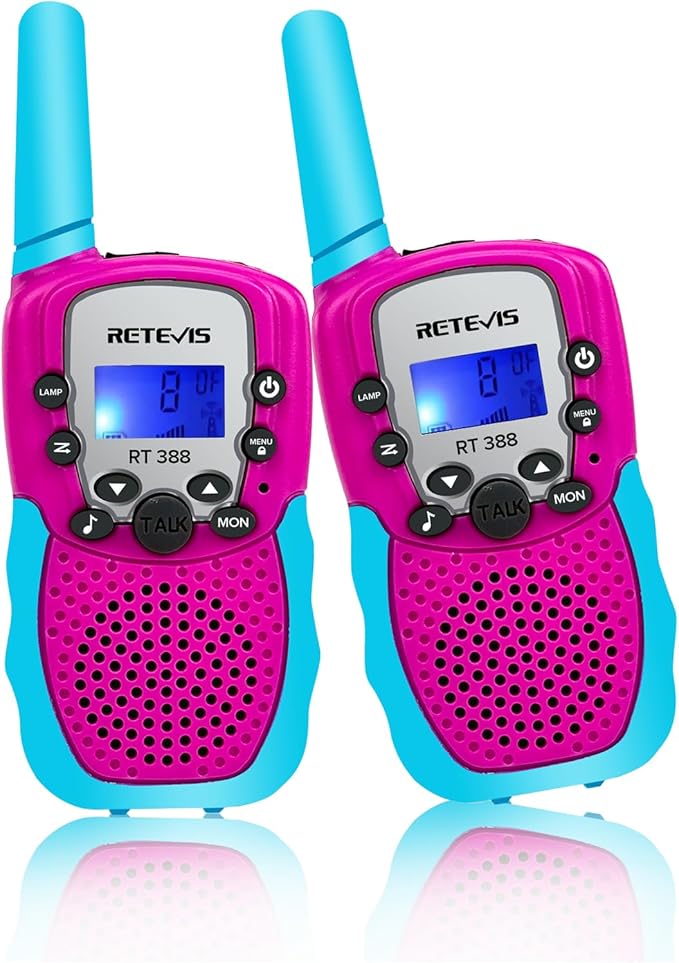 Retevis RT388 Kids Walkie Talkies 2 Pack, 2 Way Radio 22 CH Toy Walkie Talkie, Clear Sound Flashlight VOX, Toys Gifts for 6-12 Year Old Boys Girls Camping Outdoor Games(Blue Pink 1 Pair)