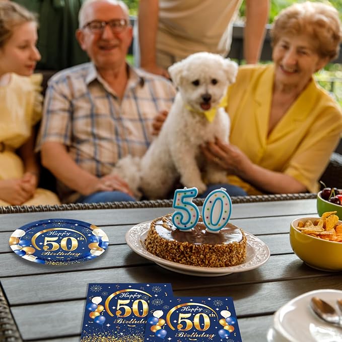 40 PCS Blue Gold 50th Birthday Party Decorations 50th anniversary decorations Disposable Dinnerware Set Include Plates Napkins for Man 50 Years Old Party Decor