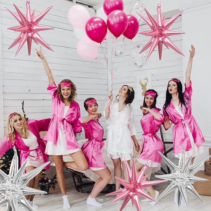 6 Pcs Silver Star Foil Balloons One-Piece 14-Pointed Star Balloon 4D Starburst Cone Mylar Balloon 22inch Christmas Birthday Wedding Wedding Anniversary Party Supplies (Silver + Pink)
