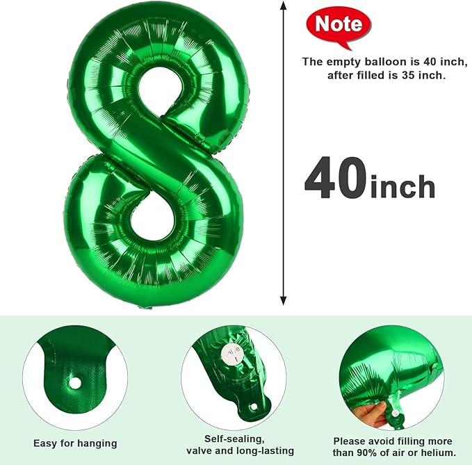 40 Inch Number 8 Balloon, Dark Green 8 18 28 80 Birthday Balloons for Men Boys, 8th Birthday Decorations Party Supplies, Wedding, Graduations