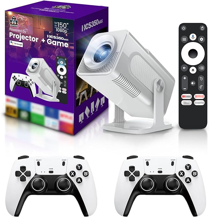 HCS350 Pro Projector and game,Retro 4K Smart Game Projector 1280*1080P Built-in 30000 Games,Portable video game with 2 Wireless Controllers,5G WiFi Bluetooth,HDMI,Android 12,home theater,office（White）