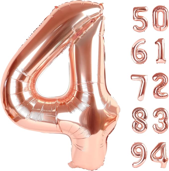 Rose Gold 4 Balloon, Number Balloons 40 Inch, 4th Birthday Decorations for Girls Boys, Four Large Numbers for Party Decor, Number 4 Balloon