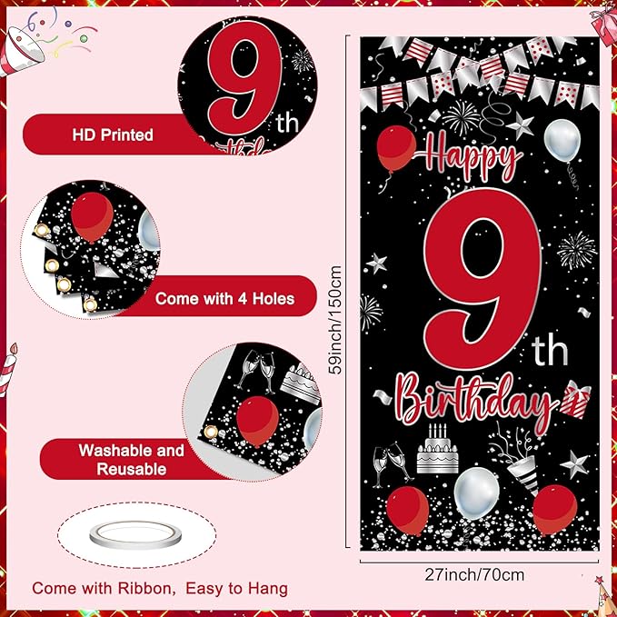 9th Birthday Decorations for Boys Girls, Red Black Happy 9th Birthday Decorations, Boy 9 Year Old Bday Door Banner, Triangle Flag, Large Number 9 Balloons Bday Party Decoration for Kids