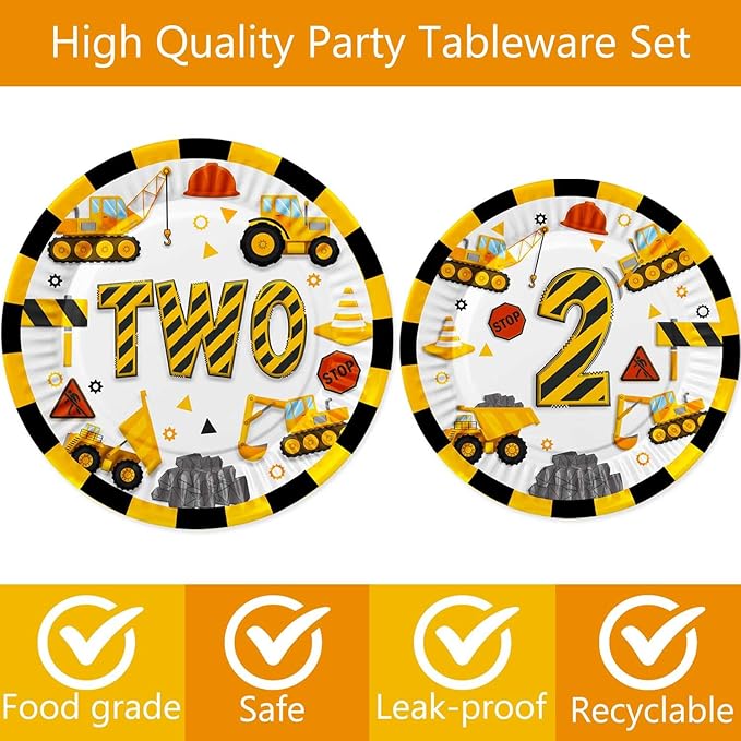 118pcs Construction 2nd Birthday Decor Construction Two Years Old Paper Dinner Plates Napkins Forks Cups Tablecloth Banner Dinnerware for Dump Truck Theme 2nd Bday Party Supplies Decorations