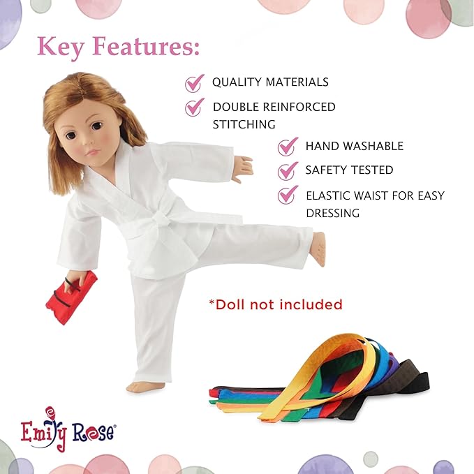 Emily Rose 18 Inch Doll Karate Outfit – 11 Pc Martial Arts Taekwondo Doll Clothes & Accessories Set with 9 Ranking Belts, Gi Uniform, Kick Pad, Gift Boxed from Trusted USA Brand (No Doll)