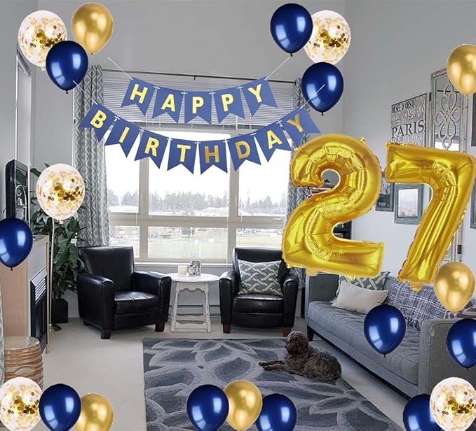 27th Birthday Party Decorations Navy Blue, Blue Birthday Banner Number 27 Foil Confetti Balloons for 27 Year Old Men Him Her Boyfriend Party Balloons Supplies(27th)
