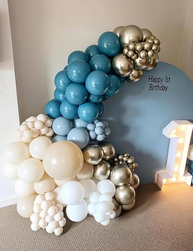 Dusty Blue Balloon Arch Garland Kit, 134PCS Ivory White, Slate Fog, Baby Blue and Gold Balloons for Baby Shower, Gender Reveal, Birthday Backdrop, Wedding, Bridal Shower Party Decor