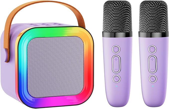 Mini Karaoke Machine Speaker for Kids Adults,Portable Bluetooth with 1-2 Wireless Microphones,Christmas Birthday Gifts Toys Girls Boys Ages 4, 5, 6,7, 8,9,10,11,12+ Years Old Toddler (Purple - 2 Mic)
