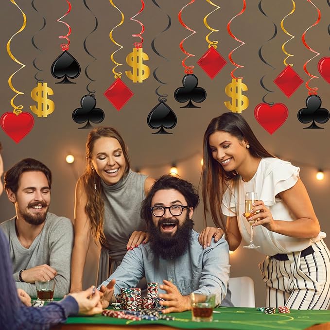 60 Pack Casino Theme Party Decorations Las Vegas Hanging Swirl Red Black Poker Paper Cutouts Party Ceiling for Casino Night Las Vegas Night Baby Shower Birthday Party Supplies Decor Supplies