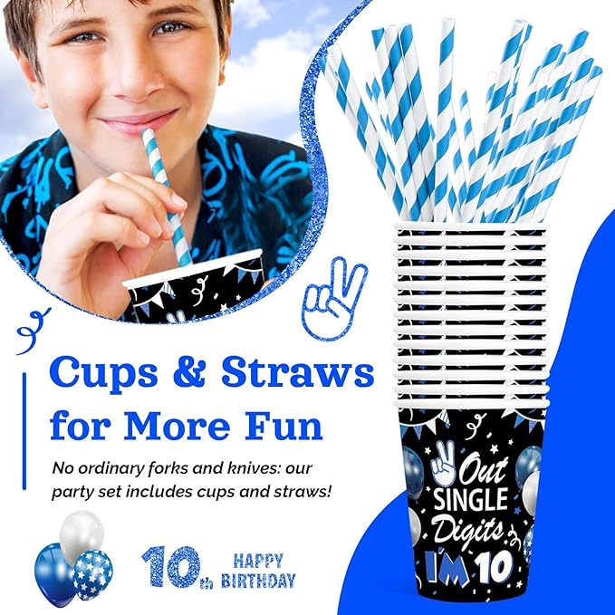 10th Birthday Decorations for Boys, 10 Year Old Boy Birthday Decorations Party Supplies, 120Pcs Double Digits Happy 10th Birthday Includes Paper Plates, Napkins, Cups and Straws | Serves 24