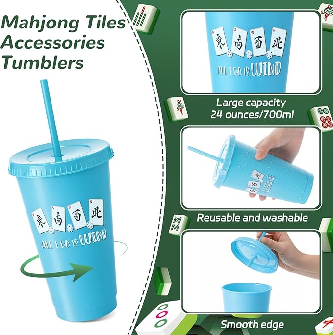 Sliner 12 Pcs Mahjong Cups with Lids and Straws 24 oz Reusable Plastic Mah-jong Tumblers Funny Mahjong Party Supplies Gifts for Mah-jong Players Lovers Travel Game Night