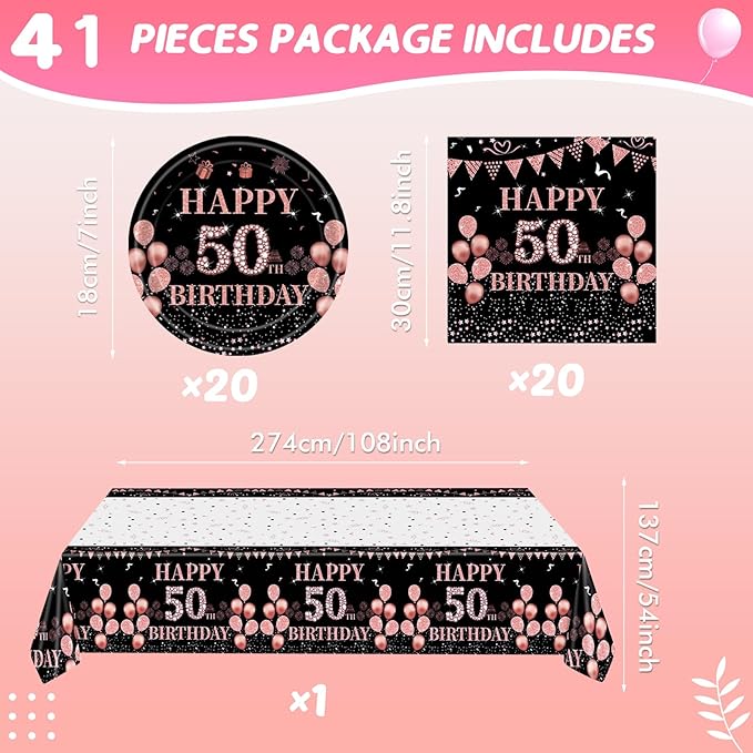 41Pcs 50th Birthday Decorations for Women, Vintage 50 Birthday Black and Rose Gold Disposable Paper Plates and Napkins Party Supplies for 20 Guests, 41Pcs Include 7" Plates Napkins and Tablecloth