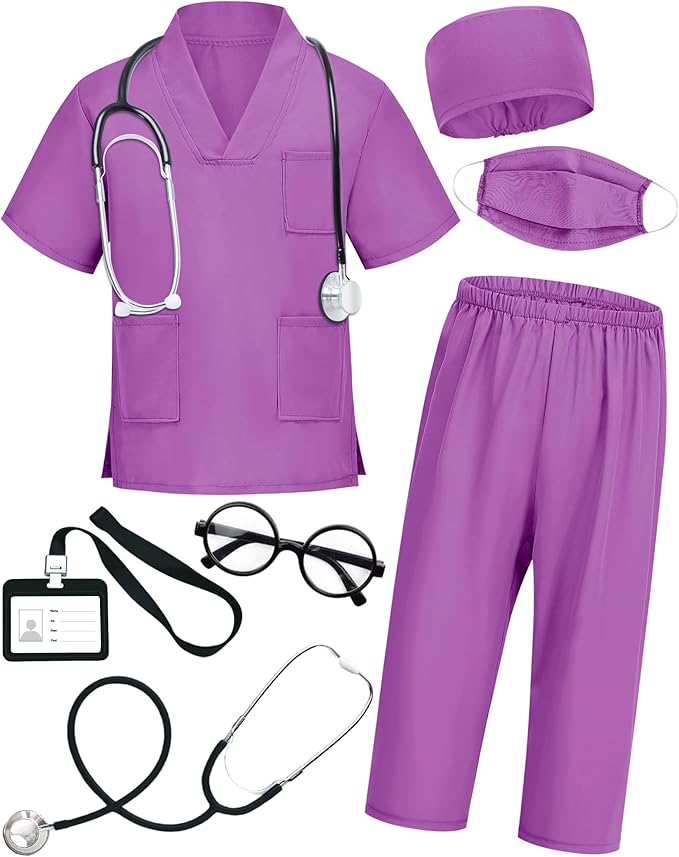 ICECUTE Doctor Costume for Kids Scrubs with Accessories,7Pcs Toddler Halloween Costume for Boy Girls,3-11 Years