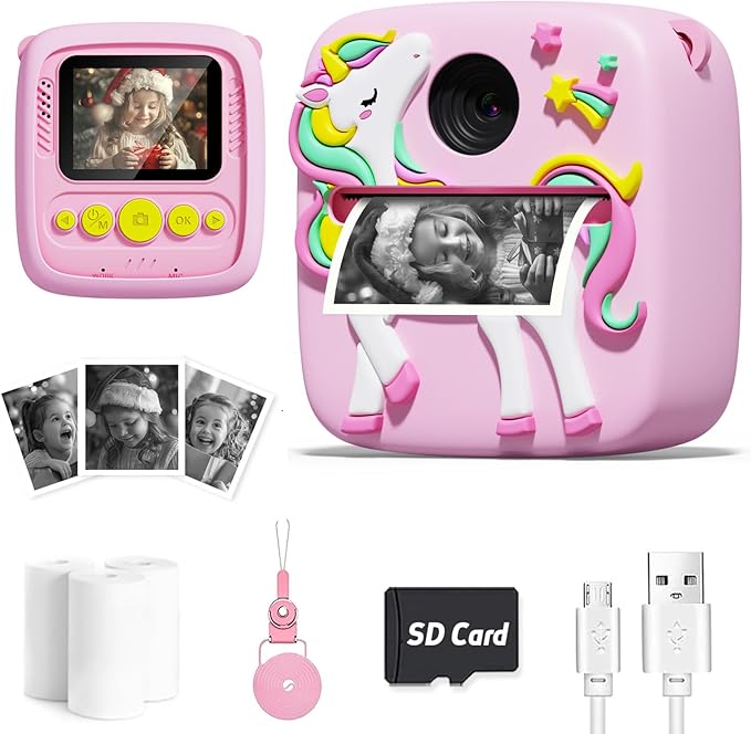 Kids Camera Instant Print, Christmas Birthday Gift for Girls 3-12 Year Old, 1080P Kids Digital Camera Toys with Unicorn Cover, Toddler Camera for 4 5 6 7 8 9 10 Year Old Girls Boys