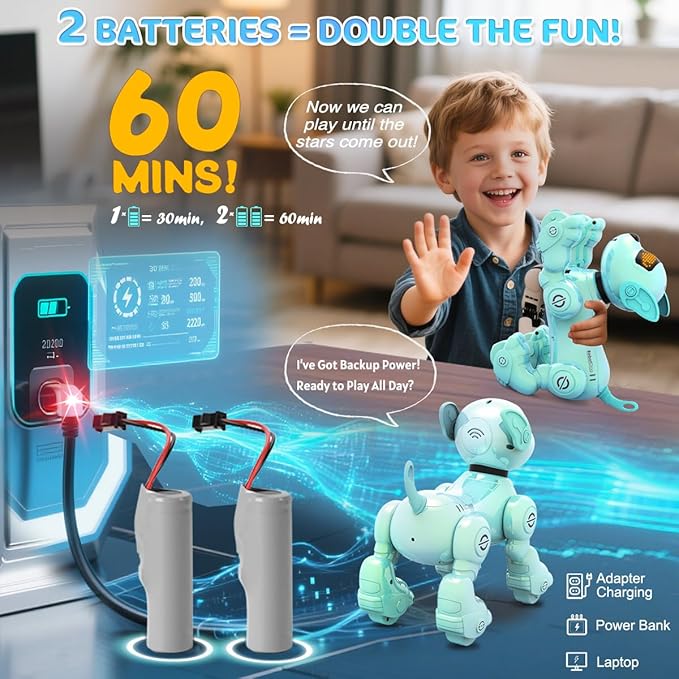 VATOS New Kids Smart Remote Control Robot Dog,17 Fun Interactive Functions Intelligent Programmable Kid Robotic Puppy with 2 Batteries, Singing Dancing Walking Robot Dog Toy for Kids 3-8 Year Blue