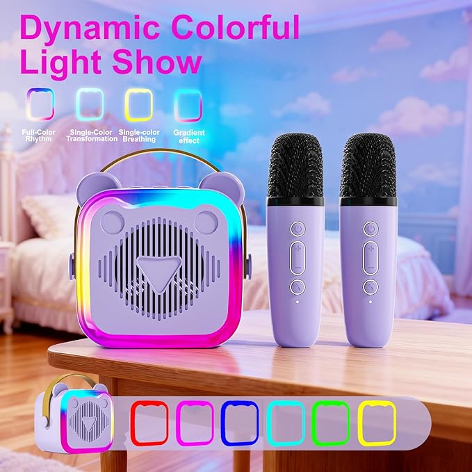 Mini Karaoke Machine for Kids: Portable Singing Toys Speaker with 2 Wireless Microphones for Girls and Boys Ages 3-12+ Years Old（Purple）