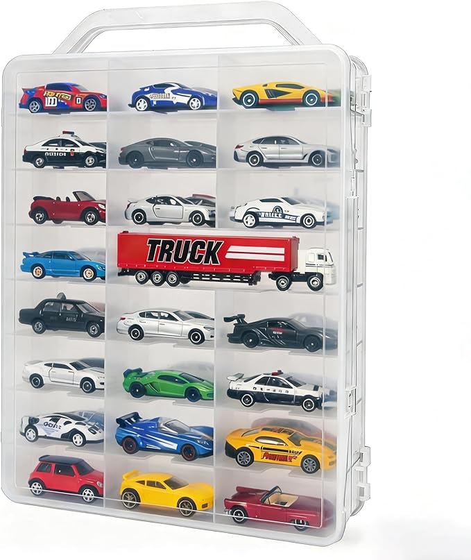 Double-Sided 1:64 Scale Toy Car Storage Case, 48-Slot Clear Organizer with Handle, Transparent Display & Storage Box Compatible with Most Die-Cast Model Cars (Case Only)
